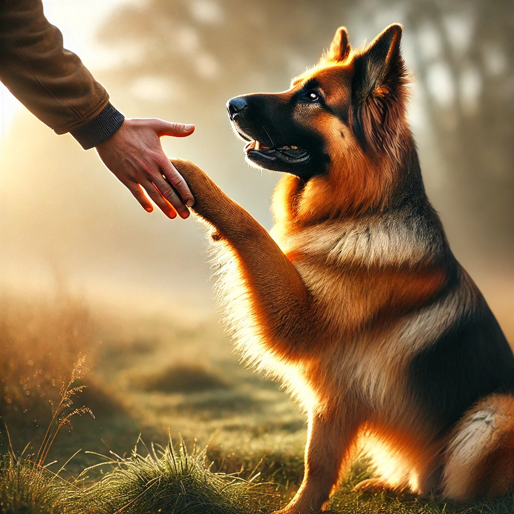 Dog being trained to shake hands